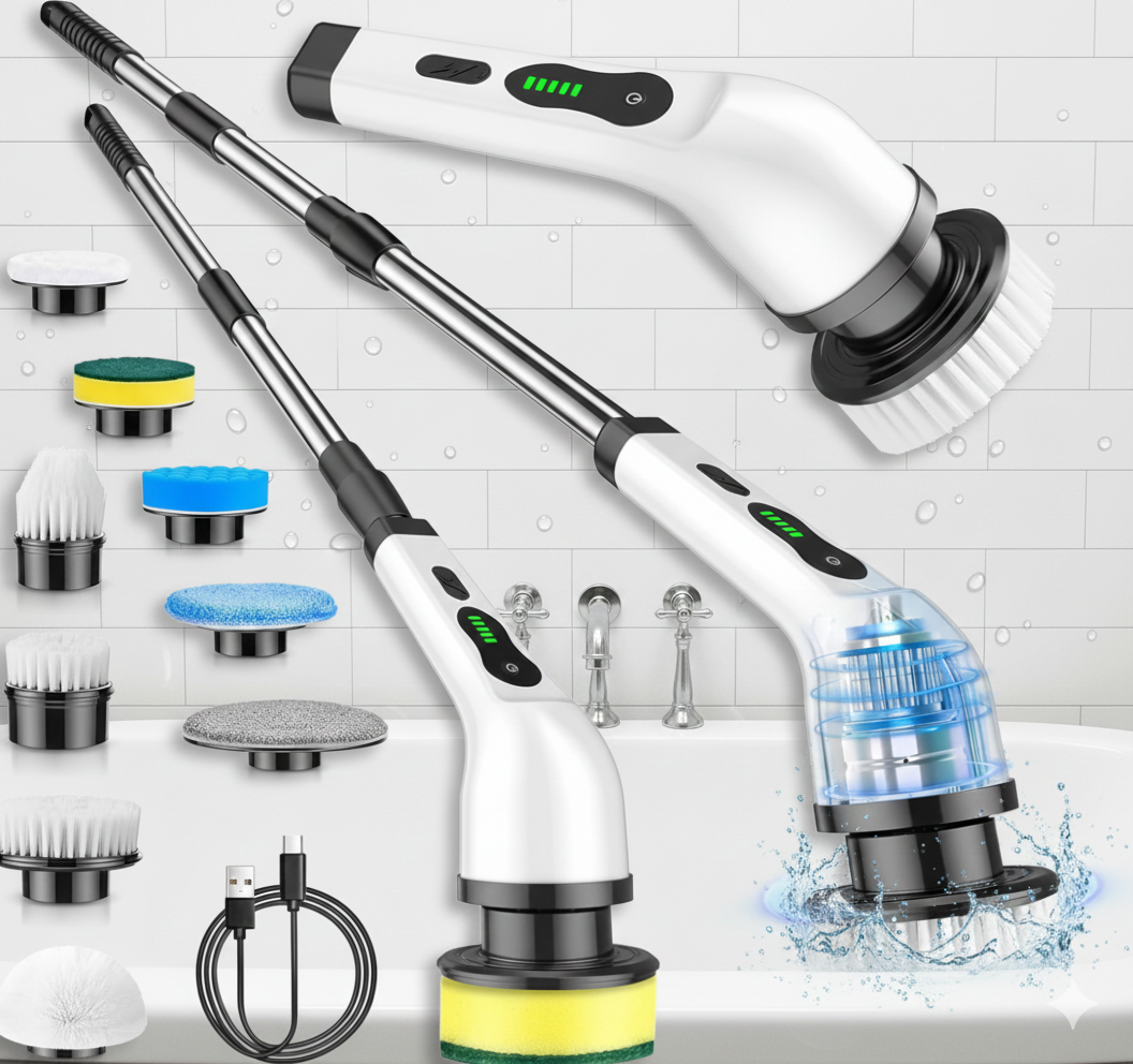 Cordless Electric Spin Scrubber – Rechargeable Power Cleaning Brush with 9 Replaceable Brush Heads, Adjustable Handle, 2 Speeds, Waterproof for Bathroom, Kitchen, Tile, Floor & Car Cleaning