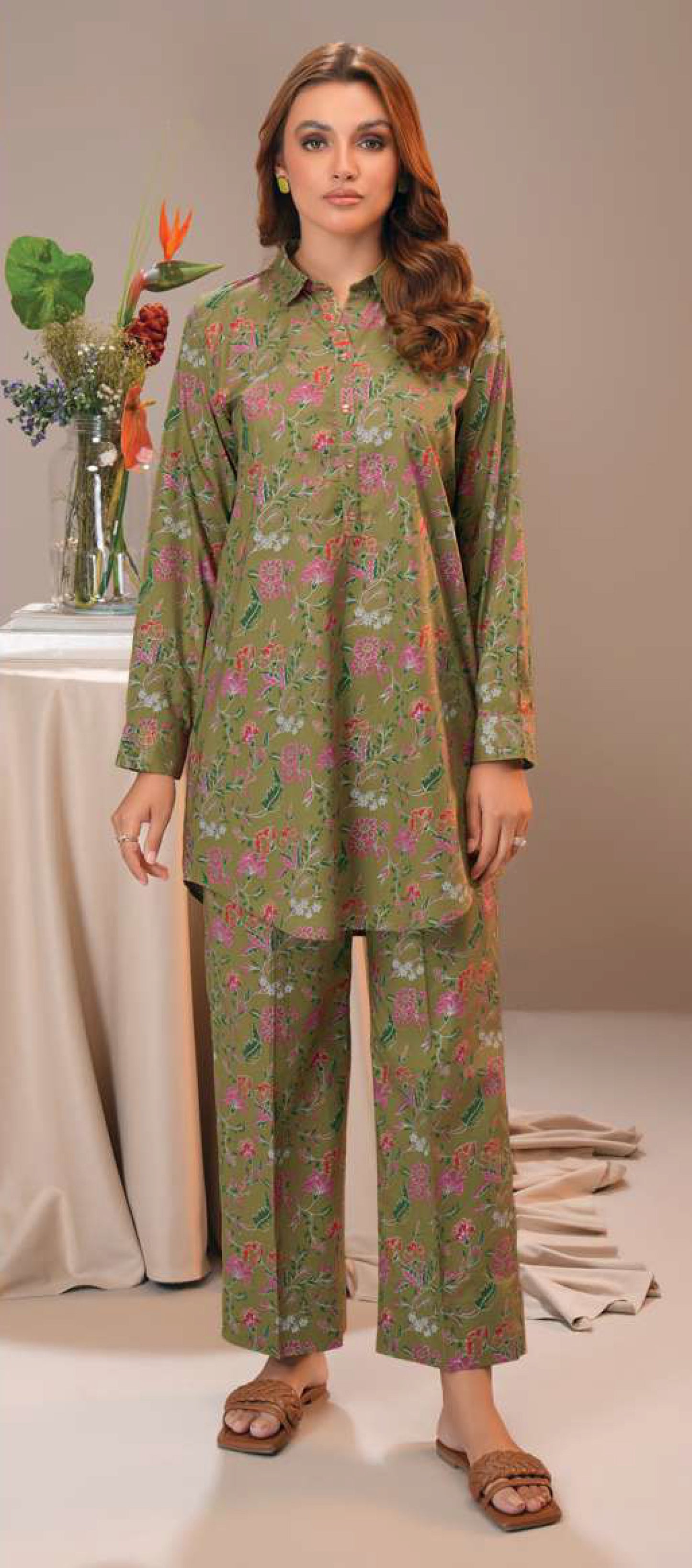 Chic Olive Green Paste Print Cambric Shirt with Pink Florals - 1 Piece Tunic