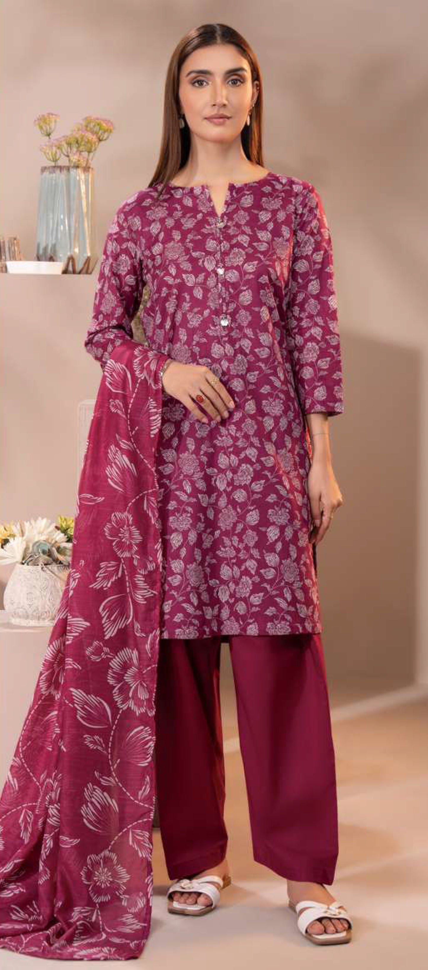 Regal Magenta & Silver Floral Cambric 3-Piece Suit - Shirt, Trouser & Monar Dupatta