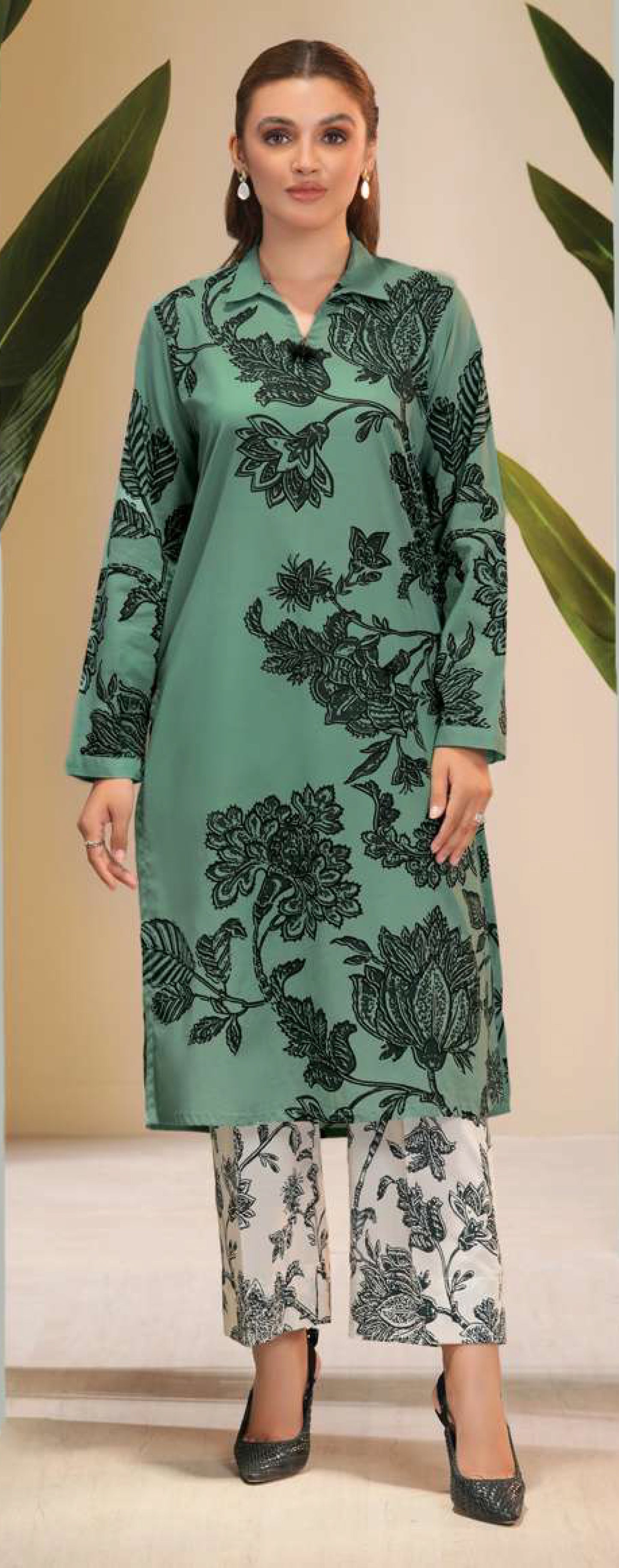 Elegant Sea Green & Black Floral Cambric 2-Piece Suit - Shirt & Trousers