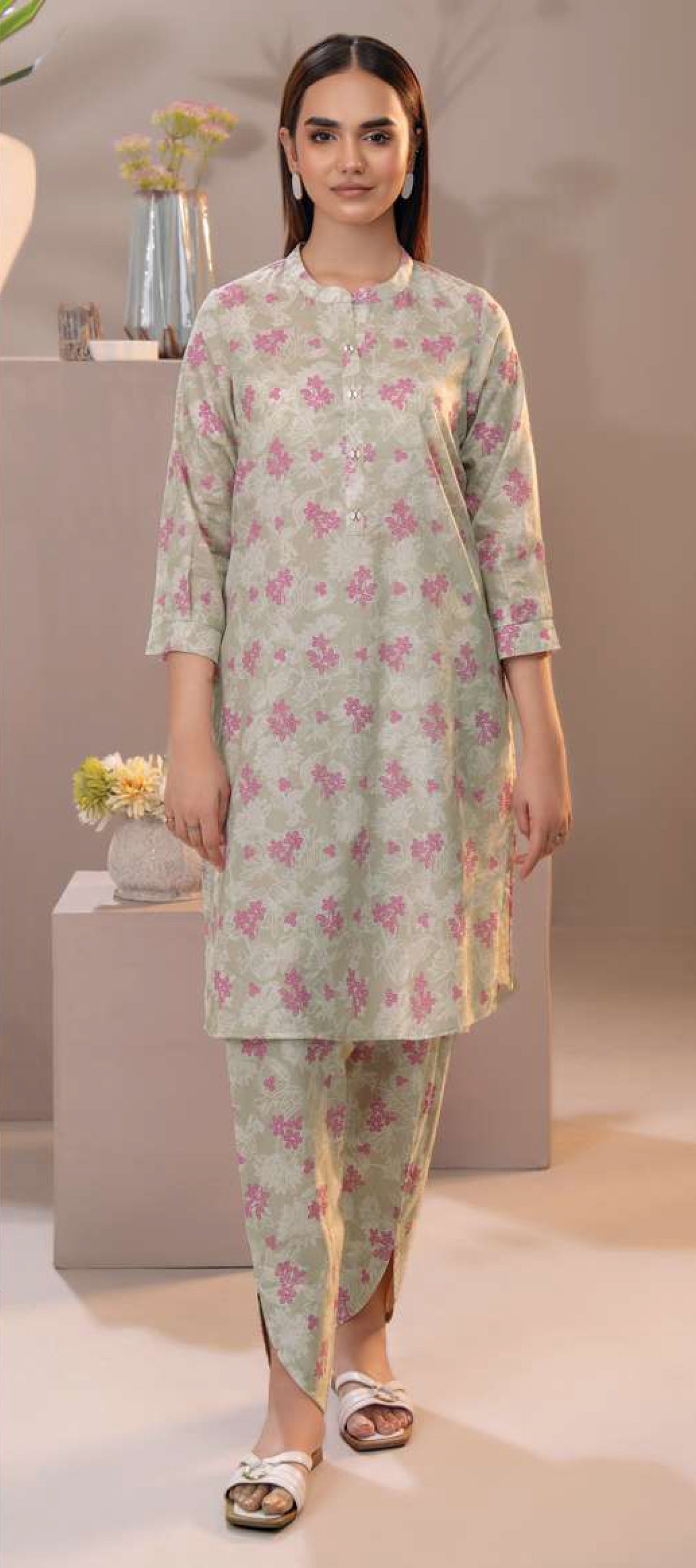 Soft Sage Grey Floral Printed Cambric Shirt - 1 Piece Tunic