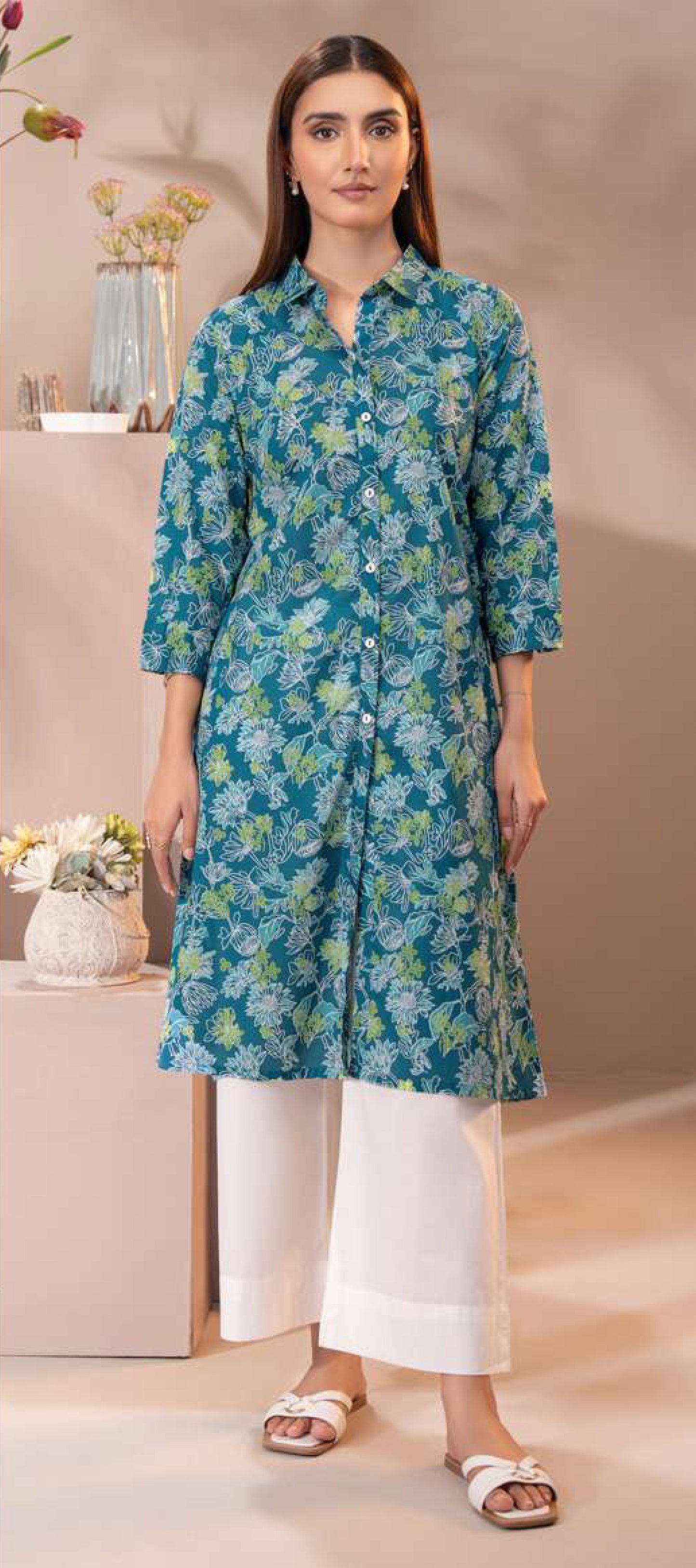 Vibrant Ferozi Blue Floral Cambric Shirt - Button-Down Tunic