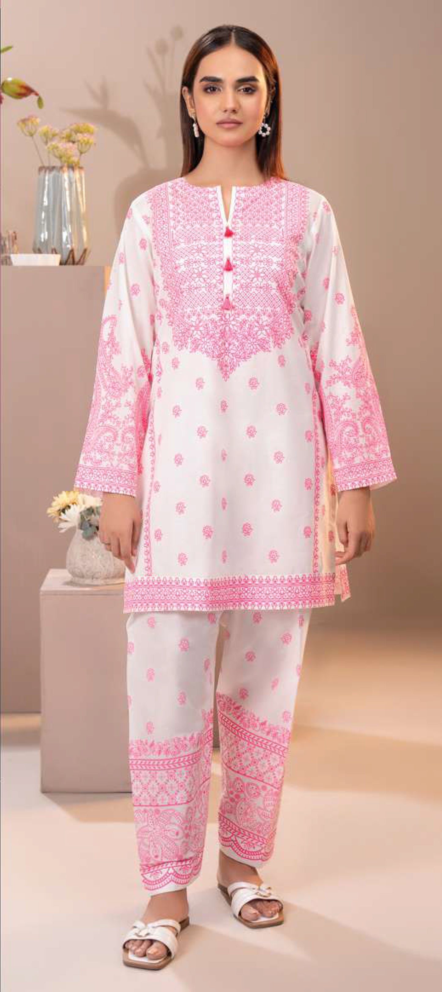 Chic Off-White & Hot Pink Printed Cambric 2-Piece Suit - Shirt & Trousers