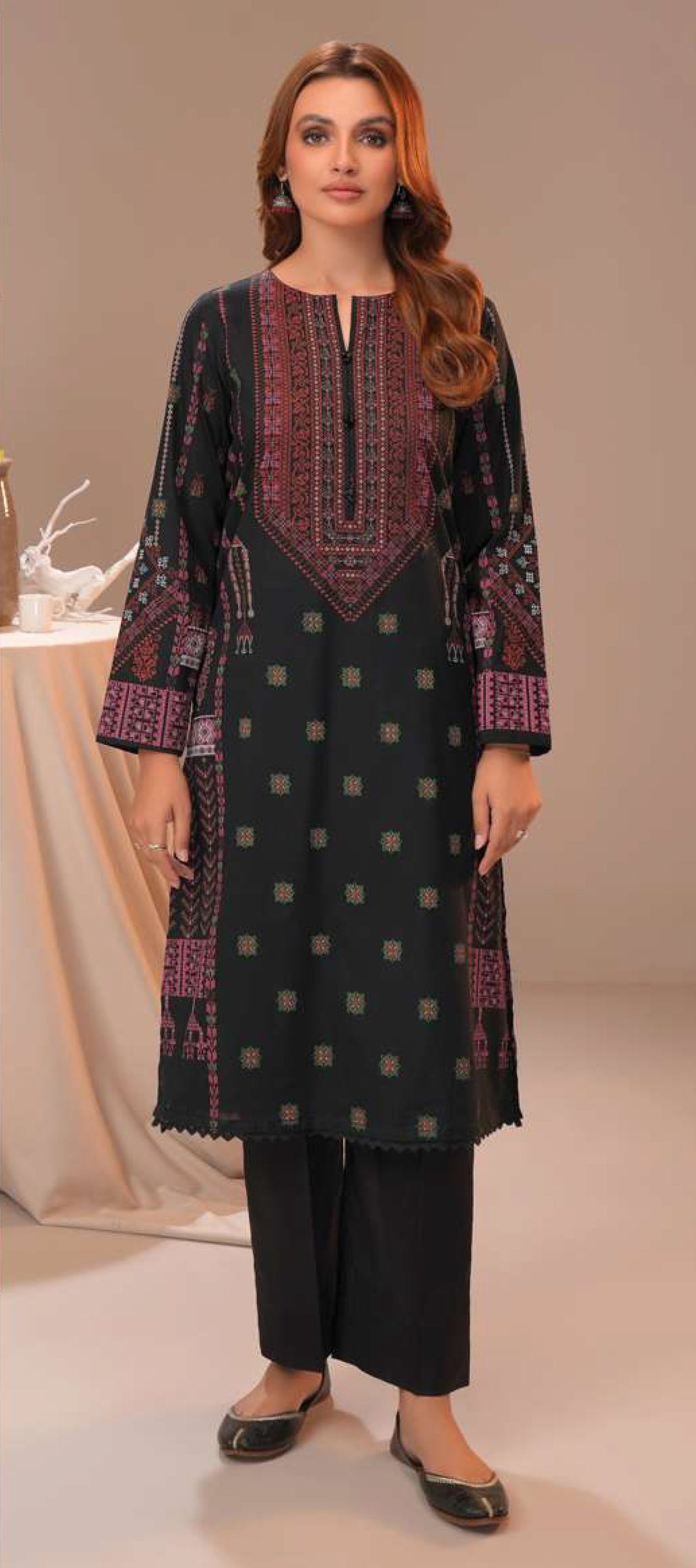 Zarvi Classic Black Cambric Shirt with Intricate Tribal Embroidered Print - 1 Piece