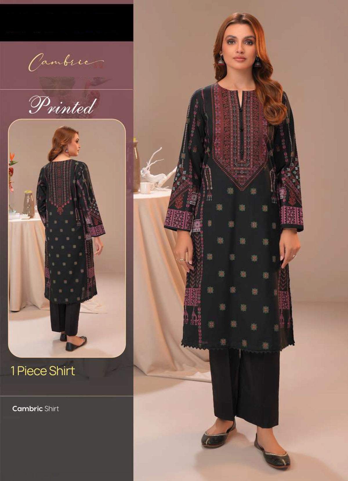Zarvi Classic Black Cambric Shirt with Intricate Tribal Embroidered Print - 1 Piece