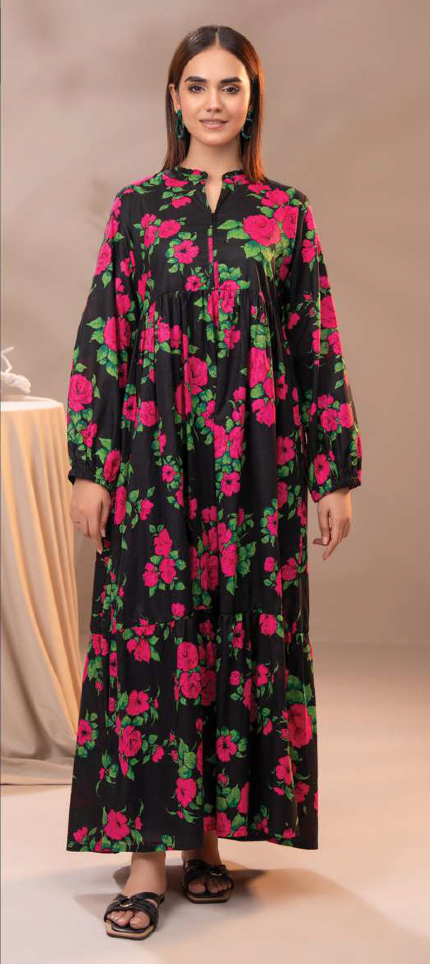 Elegant Black & Pink Floral Cambric Maxi Shirt - 1 Piece Printed Dress