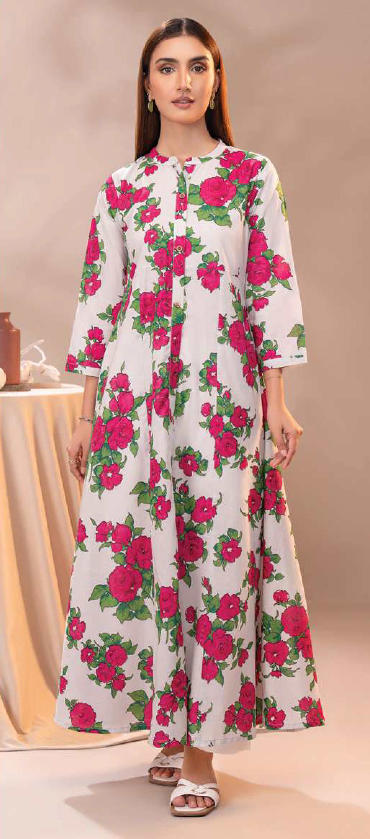 White Cambric Floral Printed Long Shirt/Maxi Dress