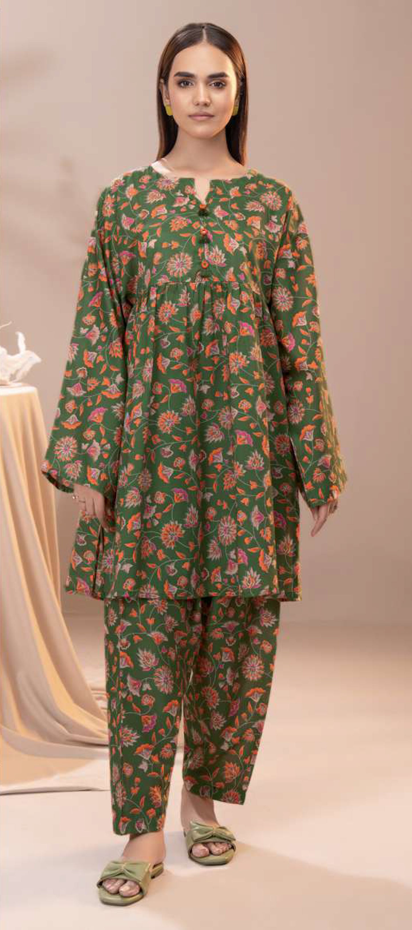 Olive Green Cambric Floral Printed 1-Piece Shirt