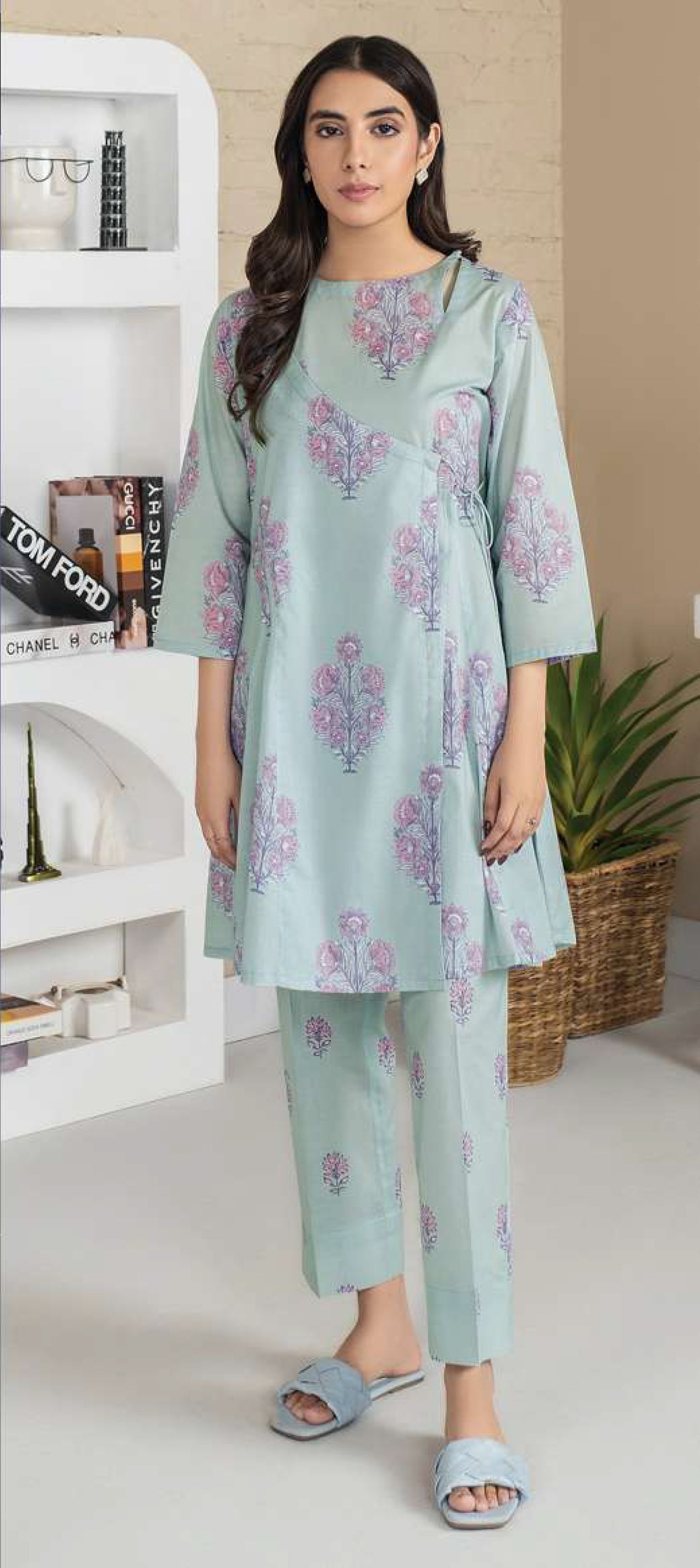 Fresh Sky Blue Cambric 2-Piece Suit / Angrakha Style Printed Kurti