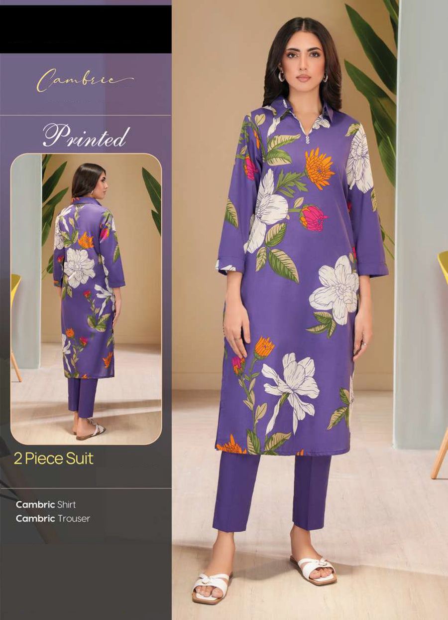 Zarvi Vibrant Purple Cambric Printed 2-Piece Suit | Bold Floral Design.