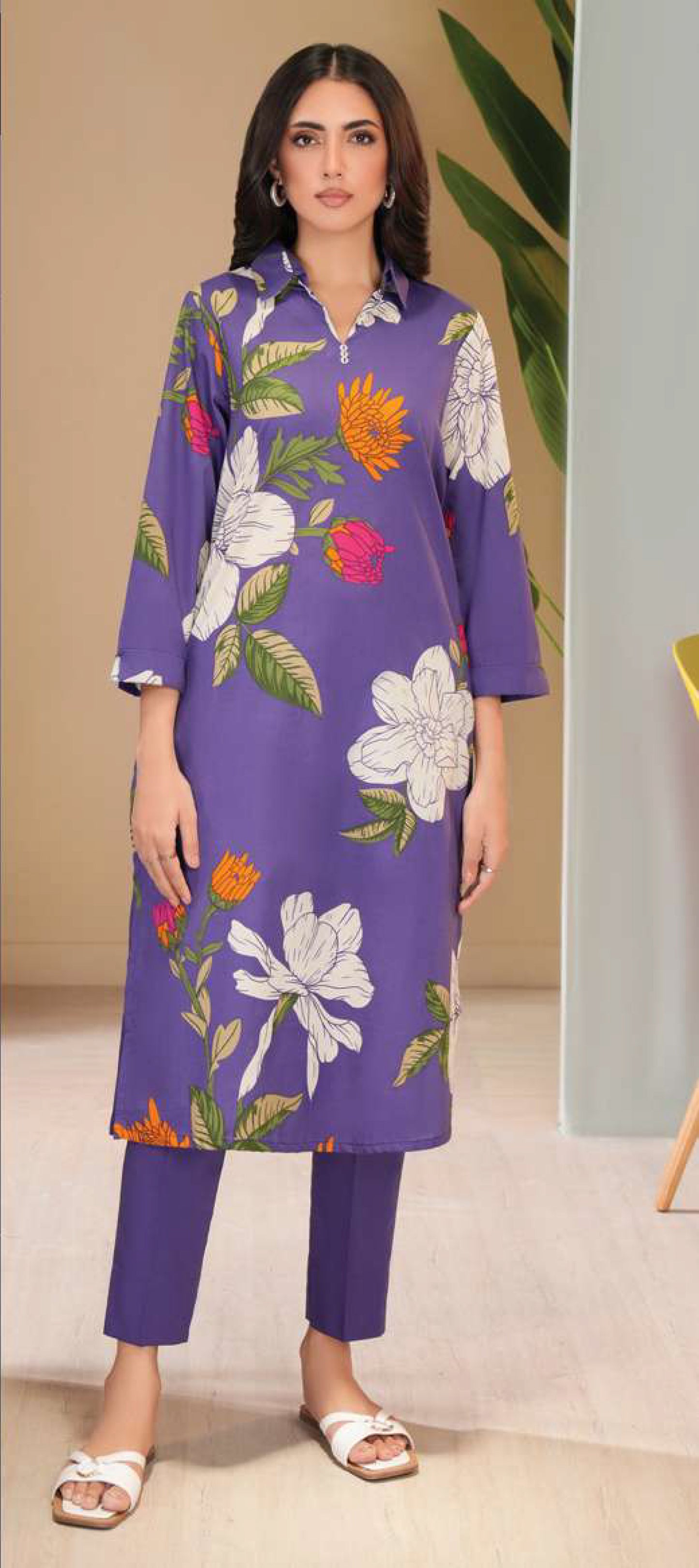 Vibrant Purple Cambric Printed 2-Piece Suit | Bold Floral Design