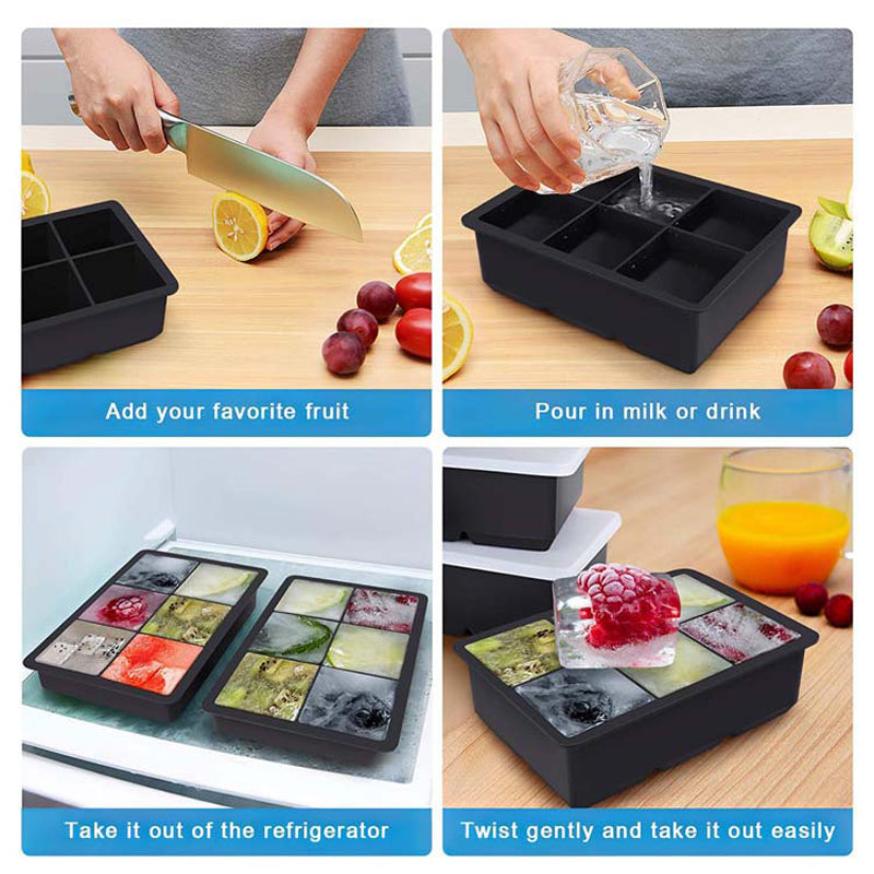 (Pack Of 3 Black, Grey, Green) Silicone Large Ice Cube Tray - 6 Big 2 inch Square Ice Molds