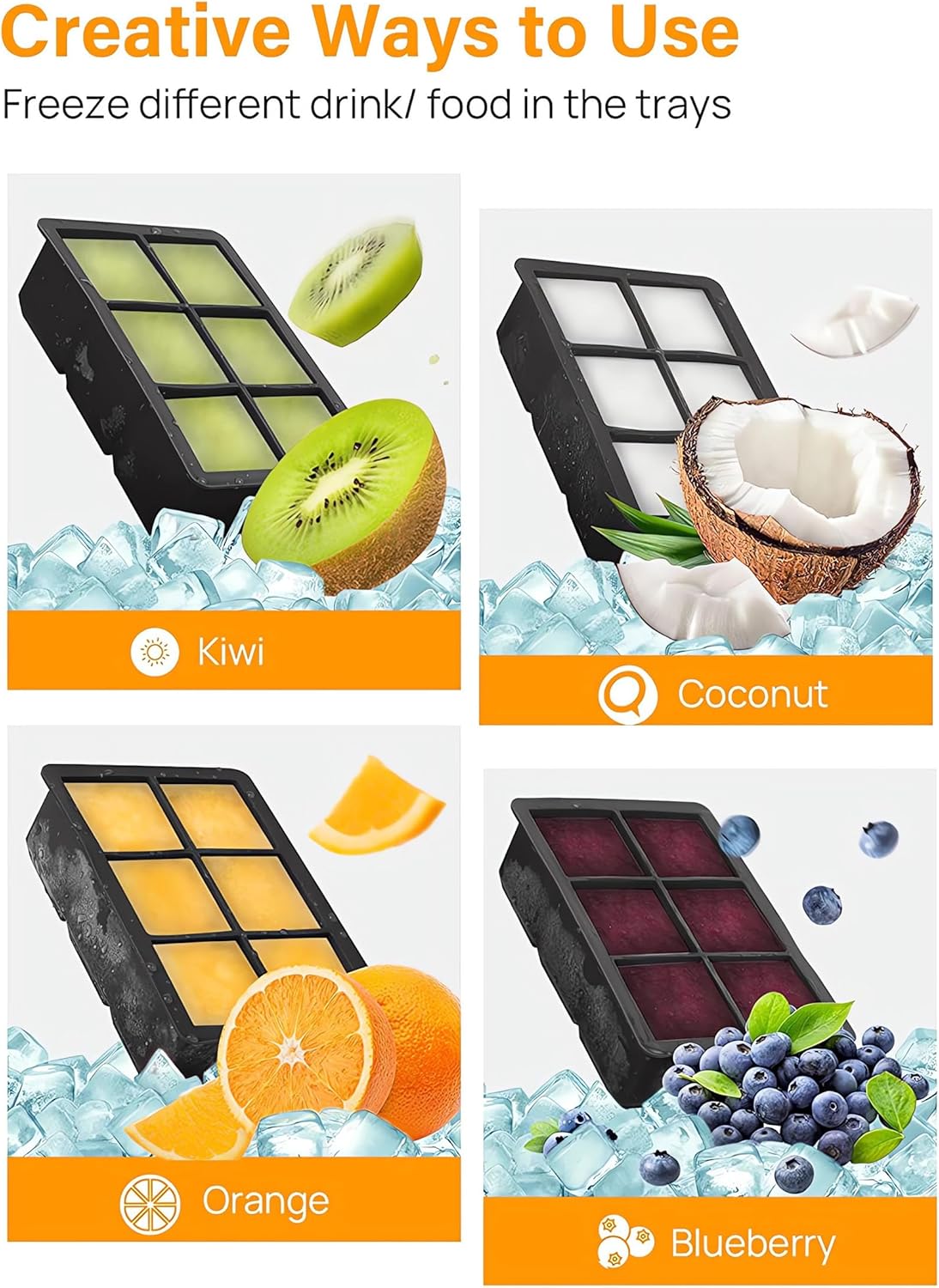 (Pack Of 3 Black, Grey, Green) Silicone Large Ice Cube Tray - 6 Big 2 inch Square Ice Molds