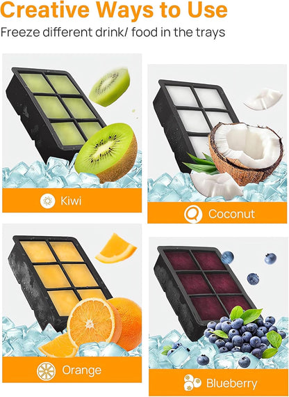 (Pack Of 3 Black, Grey, Green) Silicone Large Ice Cube Tray - 6 Big 2 inch Square Ice Molds