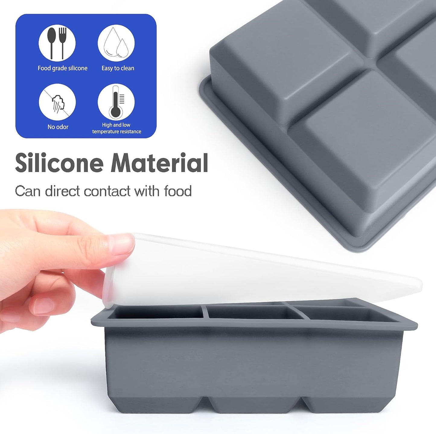 (Pack Of 3 Black, Grey, Green) Silicone Large Ice Cube Tray - 6 Big 2 inch Square Ice Molds
