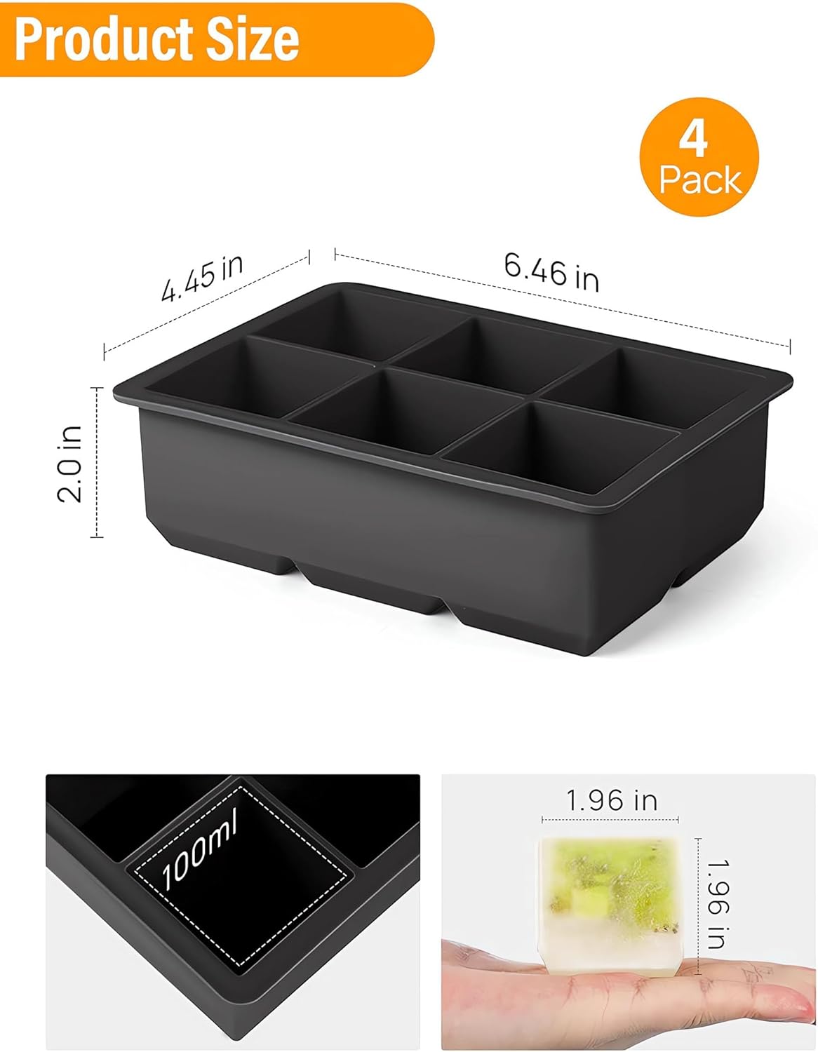 (Pack Of 3 Black, Grey, Green) Silicone Large Ice Cube Tray - 6 Big 2 inch Square Ice Molds