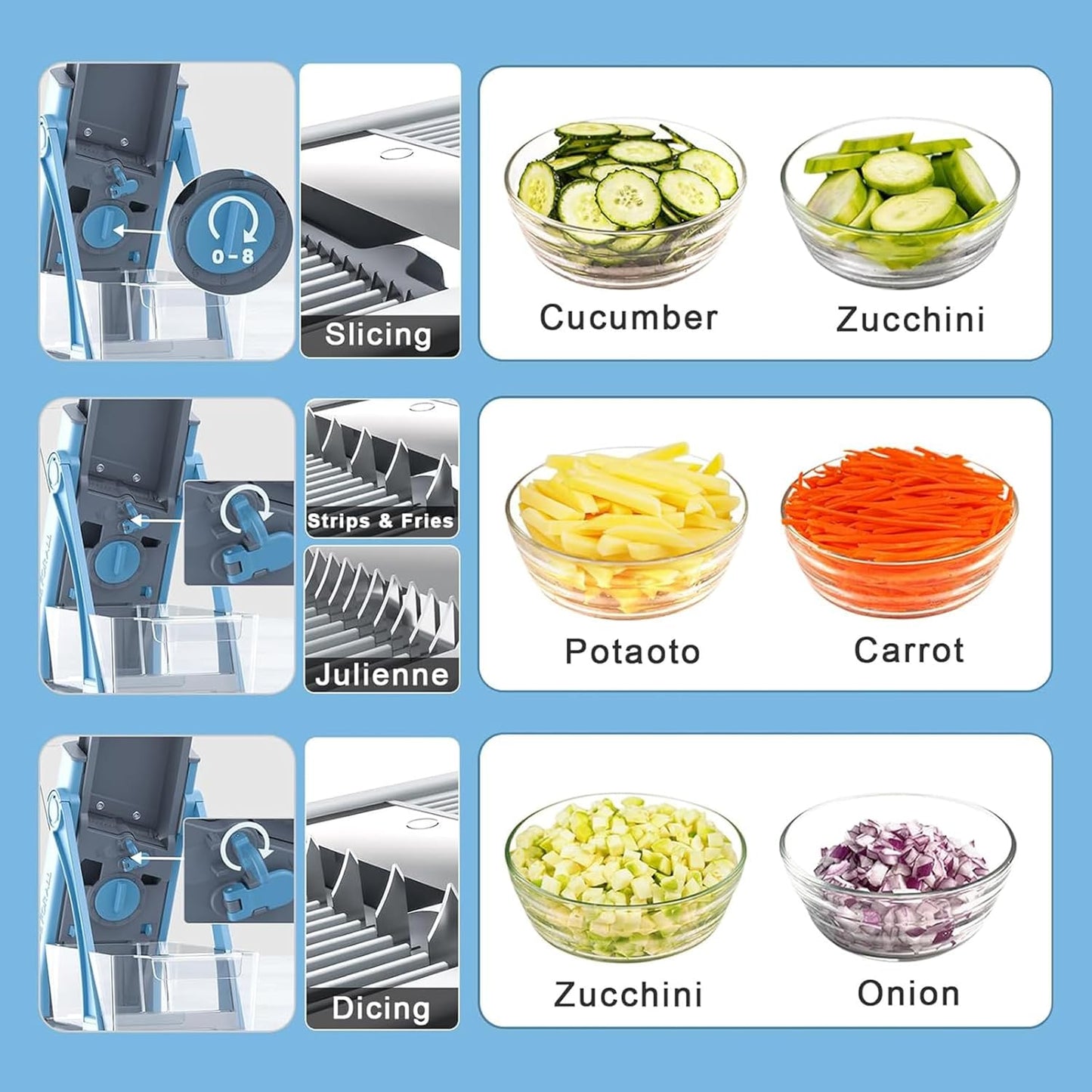 Adjustable Mandoline Slicer for Vegetables – Multifunctional Vegetable Cutter with Safety Holder, Container &amp; Cleaning Brush – Professional Kitchen Slicer for Potatoes, Onions, Carrots, Fruits &amp; More