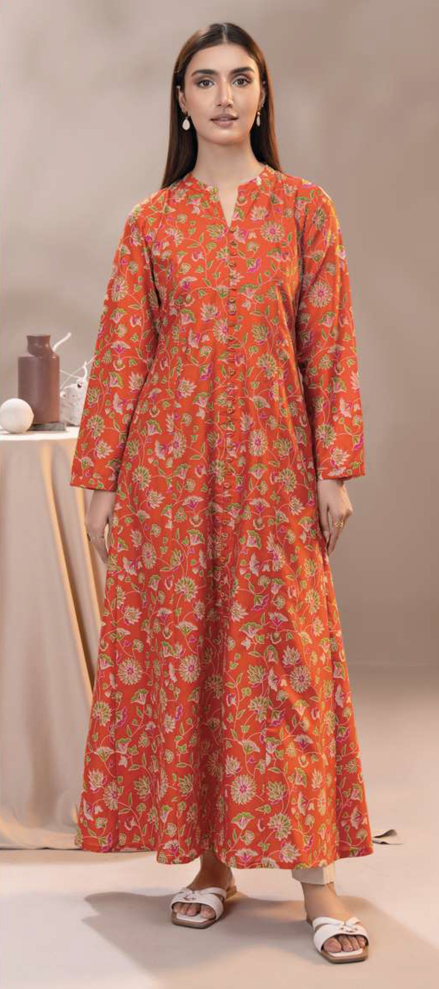 Vibrant Burnt Orange A-Line Floral Cambric Maxi Shirt - 1 Piece