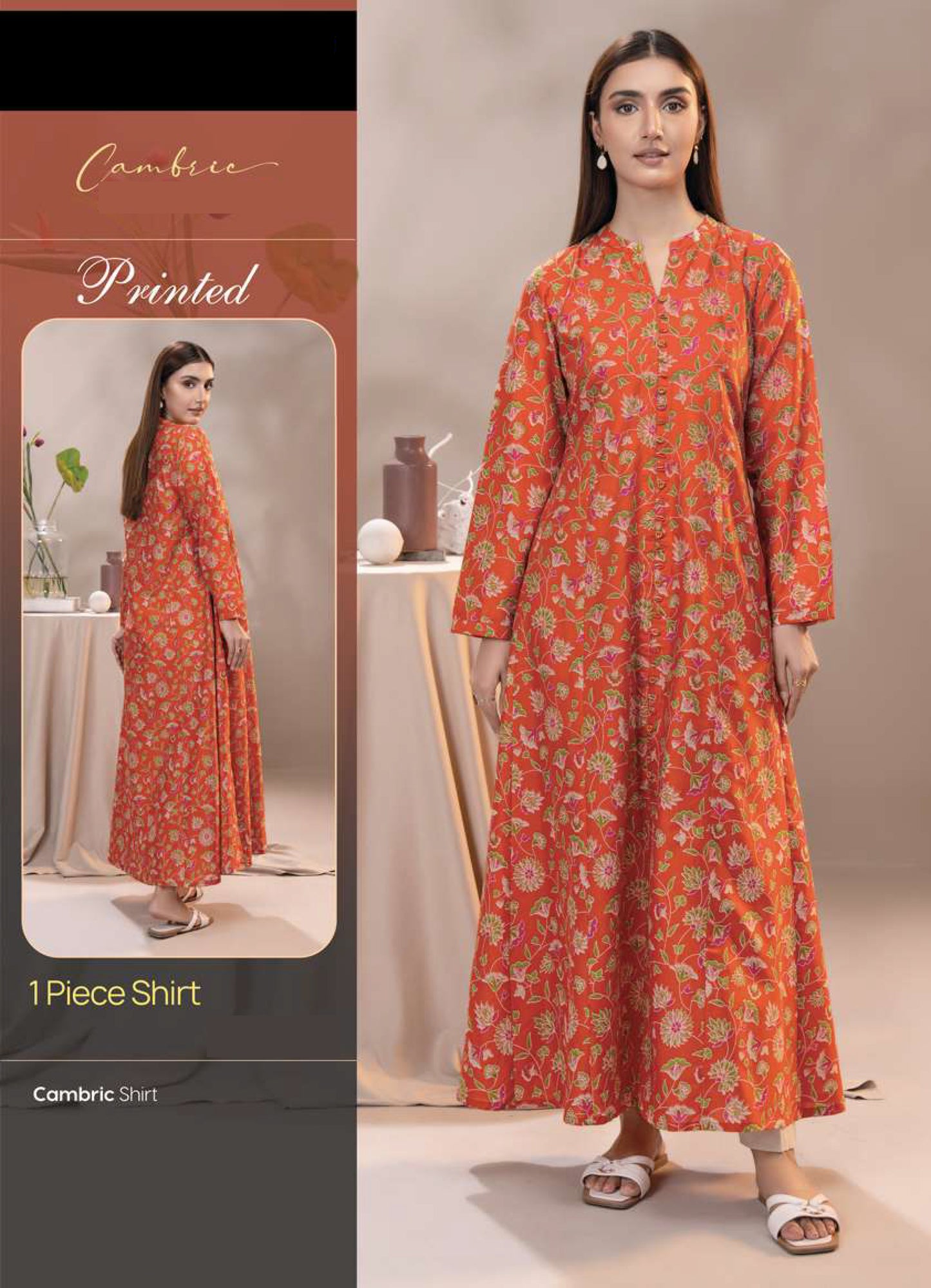 Vibrant Burnt Orange A-Line Floral Cambric Maxi Shirt - 1 Piece