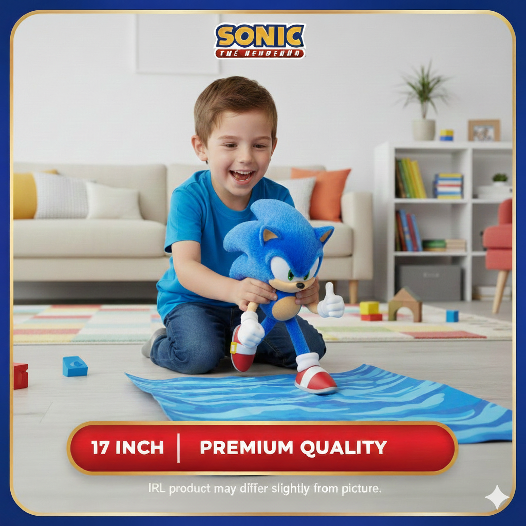 Official Sonic the Hedgehog 17-Inch Plush Figure – Large Sonic Plush Toy for Kids & Collectors