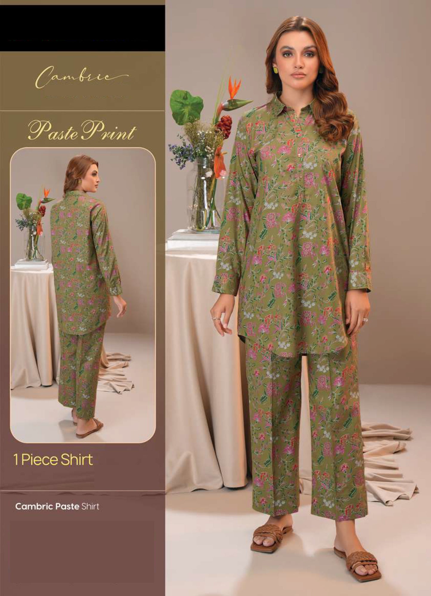 Chic Olive Green Paste Print Cambric Shirt with Pink Florals - 1 Piece Tunic