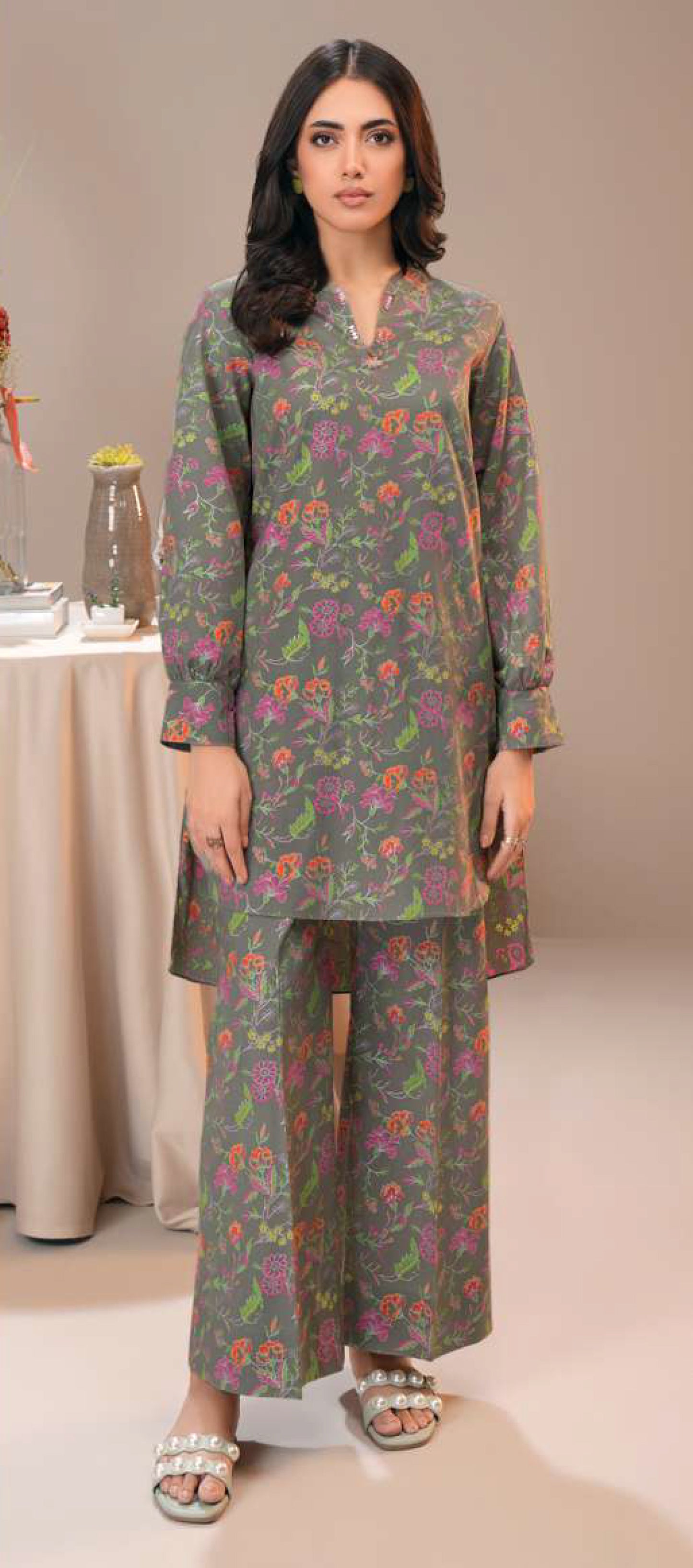 Soft Sage Grey & Pink Floral Cambric Shirt - 1 Piece Printed Tunic