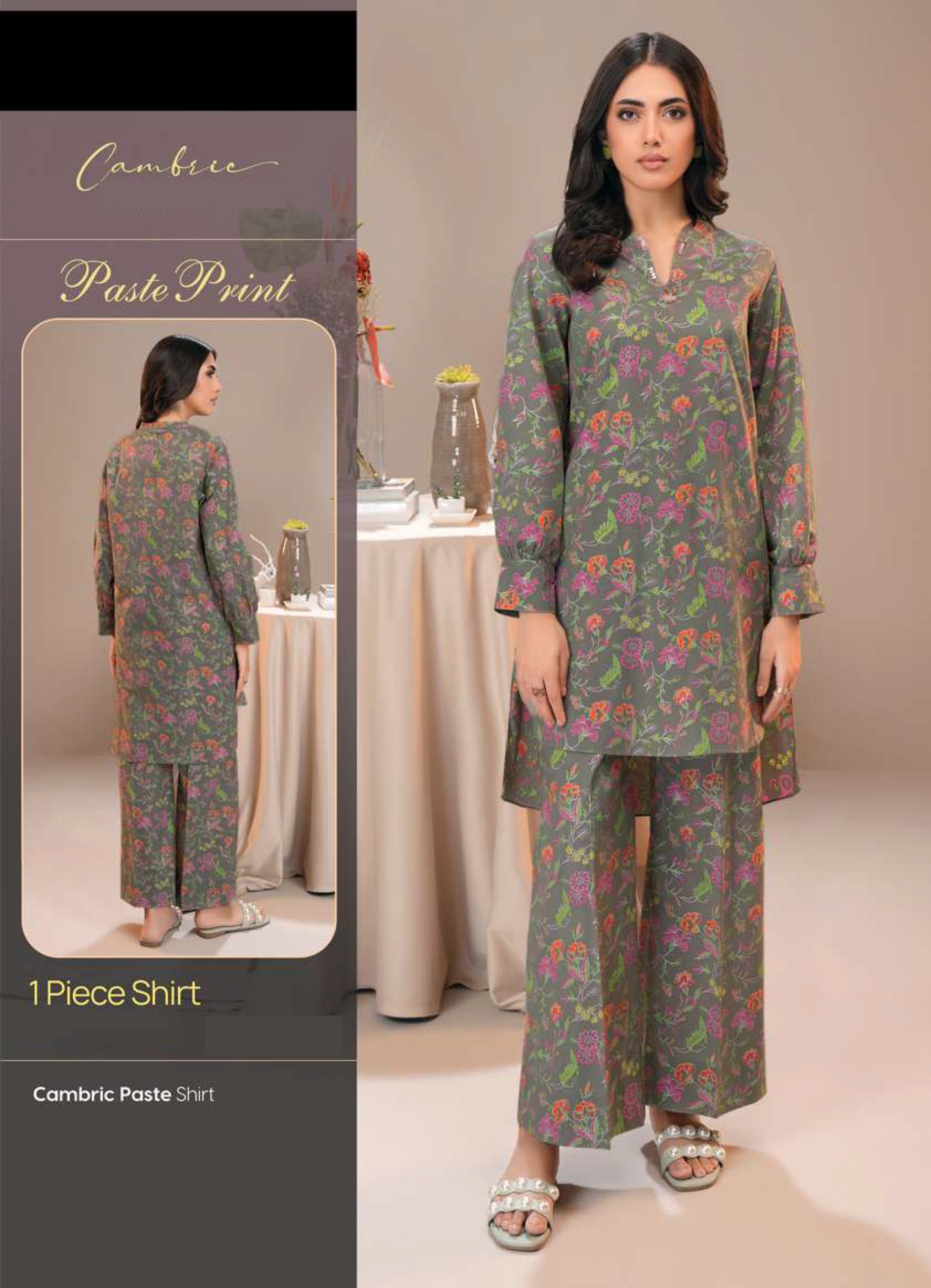 Soft Sage Grey & Pink Floral Cambric Shirt - 1 Piece Printed Tunic