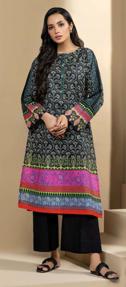 Vibrant Black Geometric Print Cambric Shirt with Multi-Color Borders - 1 Piece