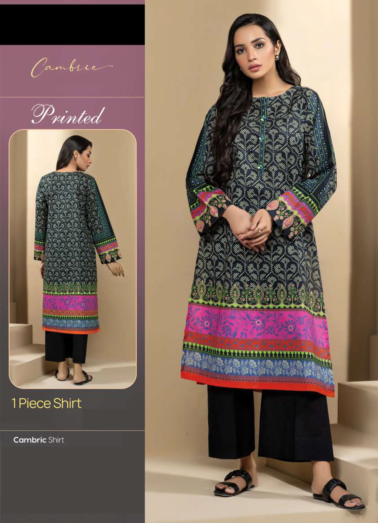 Vibrant Black Geometric Print Cambric Shirt with Multi-Color Borders - 1 Piece