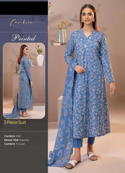 Classic Sky Blue & White Floral Cambric 3-Piece Suit - Shirt, Trouser & Monar Dupatta