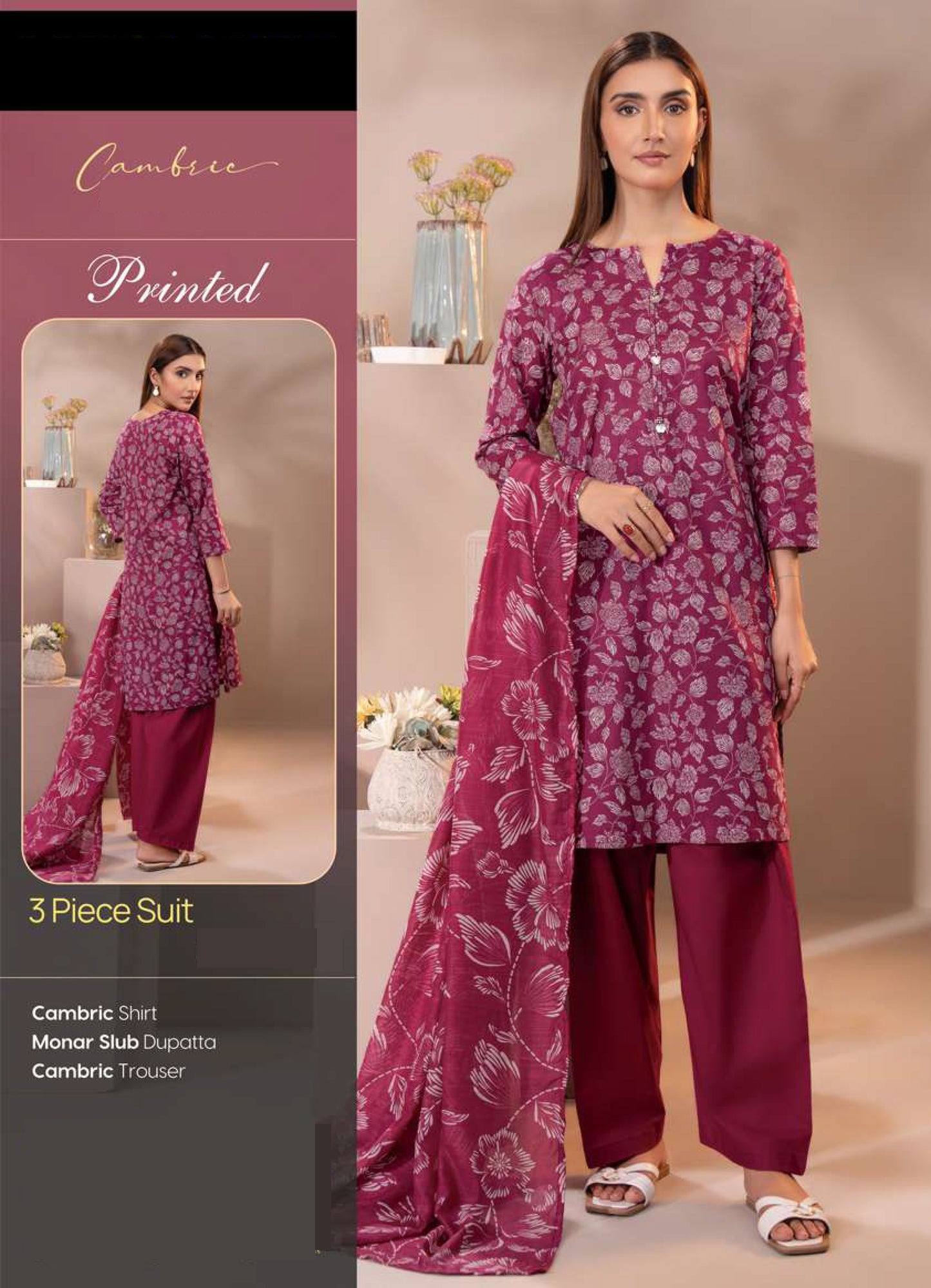 Regal Magenta & Silver Floral Cambric 3-Piece Suit - Shirt, Trouser & Monar Dupatta