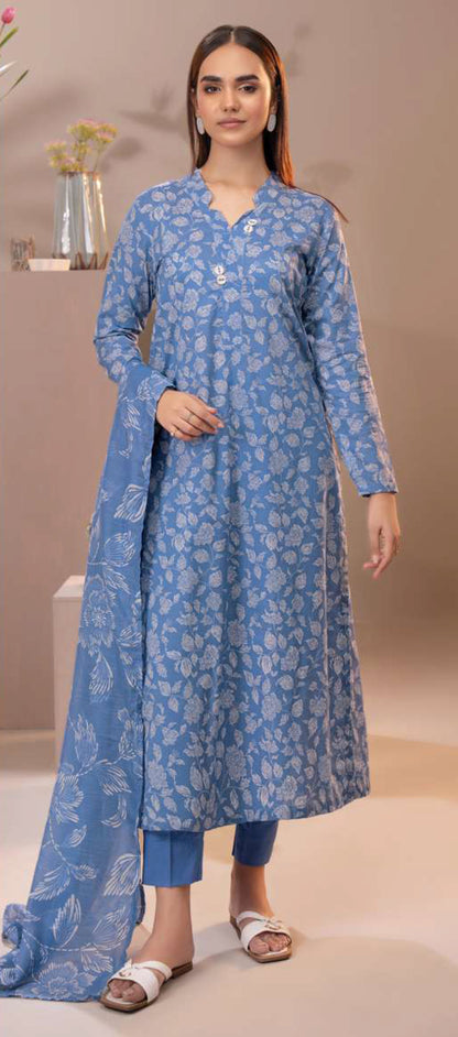 Classic Sky Blue & White Floral Cambric 3-Piece Suit - Shirt, Trouser & Monar Dupatta