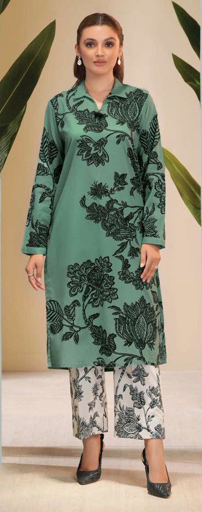 Elegant Sea Green & Black Floral Cambric 2-Piece Suit - Shirt & Trousers