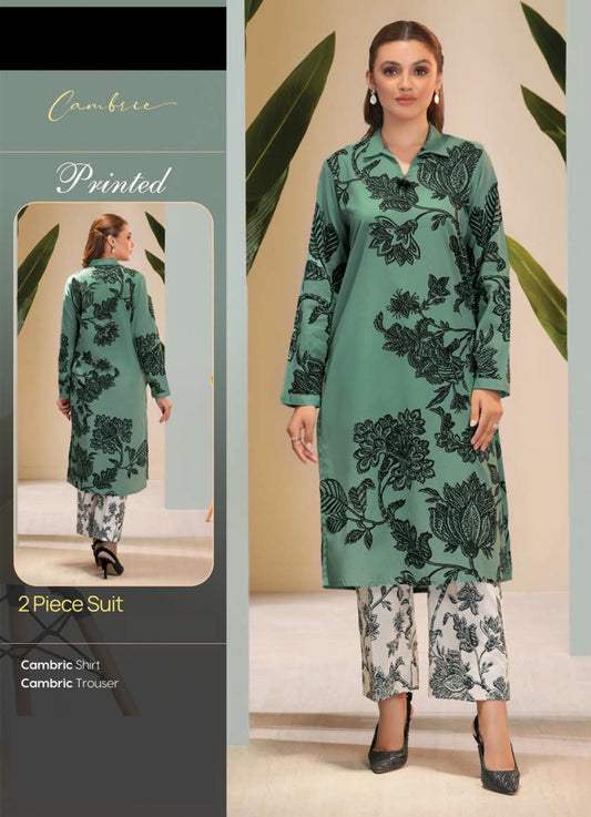 Elegant Sea Green & Black Floral Cambric 2-Piece Suit - Shirt & Trousers