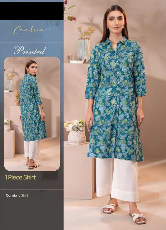 Vibrant Ferozi Blue Floral Cambric Shirt - Button-Down Tunic