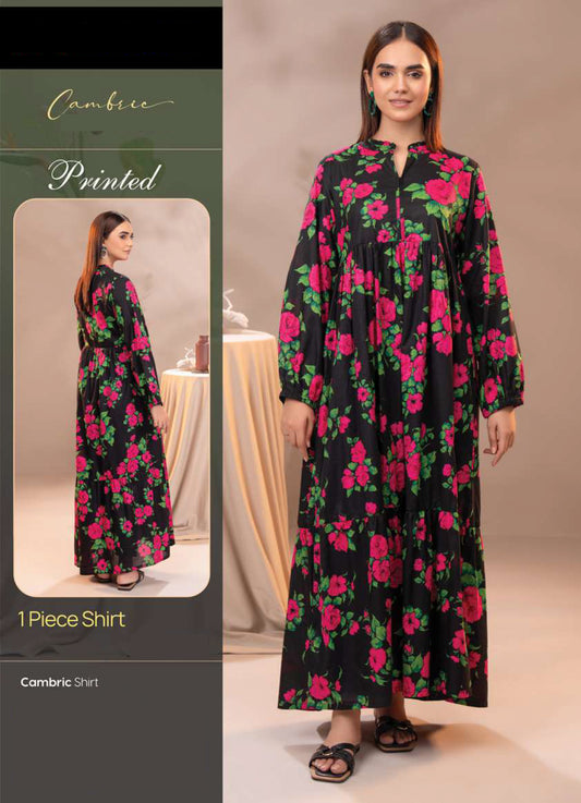 Elegant Black & Pink Floral Cambric Maxi Shirt - 1 Piece Printed Dress