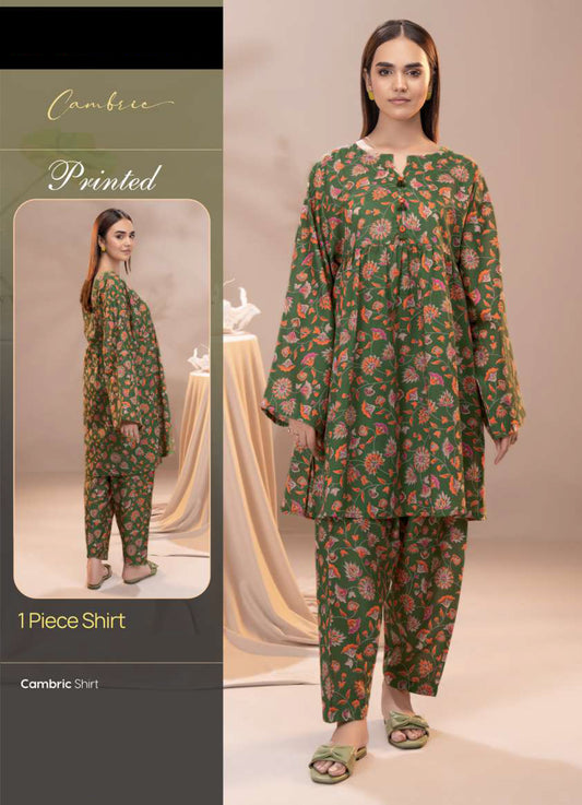 Olive Green Cambric Floral Printed 1-Piece Shirt