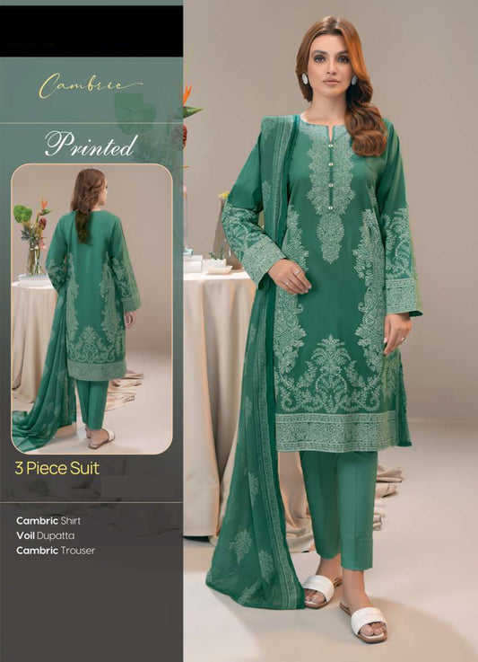 Sea Green Cambric Printed 3-Piece Suit with Voil Dupatta