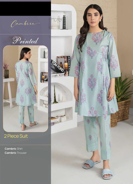 Fresh Sky Blue Cambric 2-Piece Suit / Angrakha Style Printed Kurti