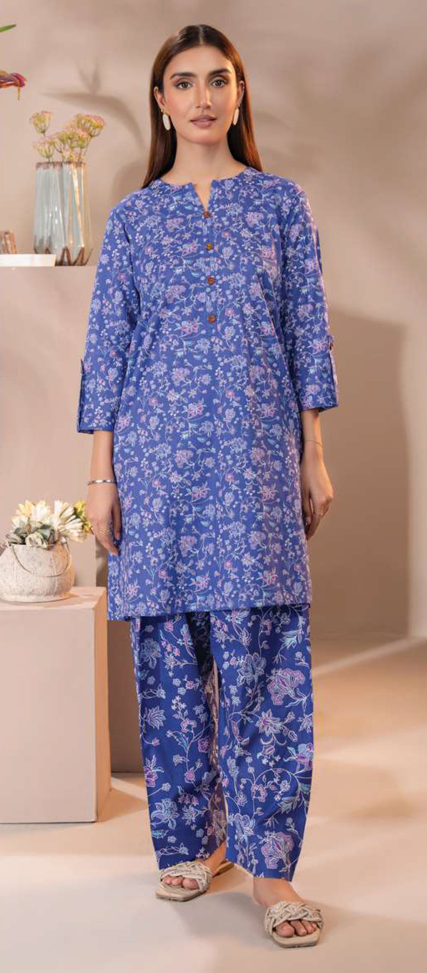 Blue Cambric Printed 2-Piece Suit | All-Over Floral Design